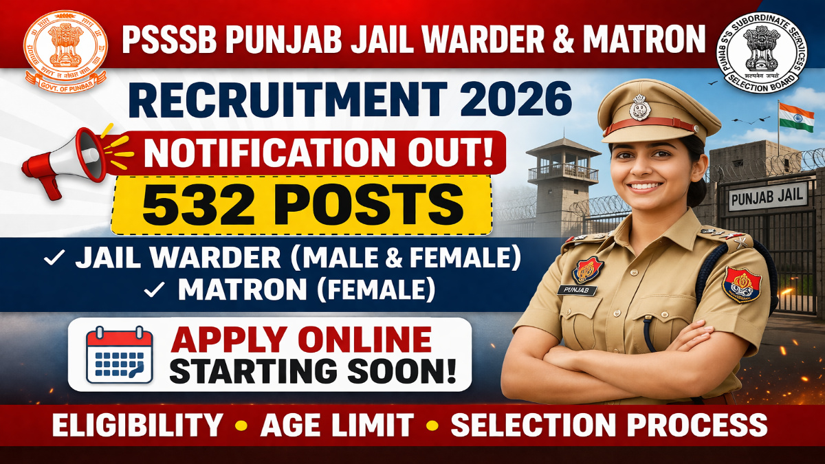 PSSSB Punjab Jail Warder and Matron Recruitment 2026 Notification Out for 532 Posts - Apply Online