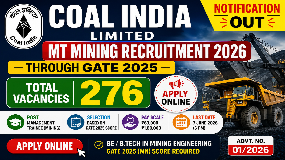 Coal India MT Mining Recruitment 2026 Through GATE 2025 Notification Out for 276 Posts - Apply Online