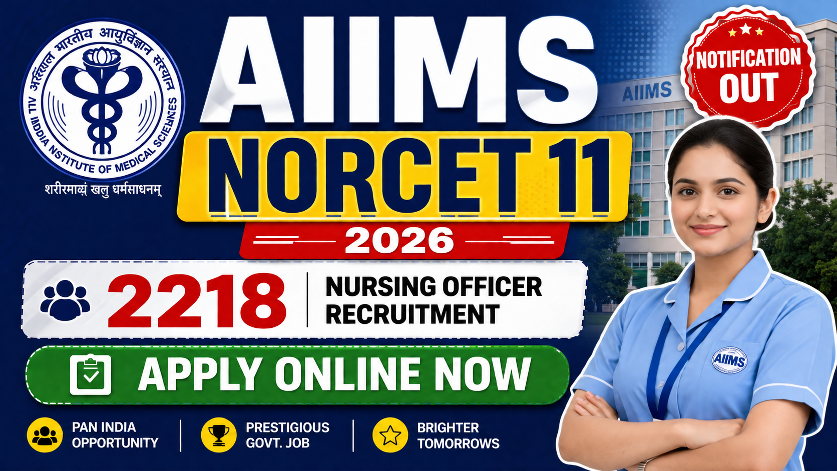 AIIMS NORCET 11 2026 Notification Out: 2218 Nursing Officer Recruitment - Apply Online