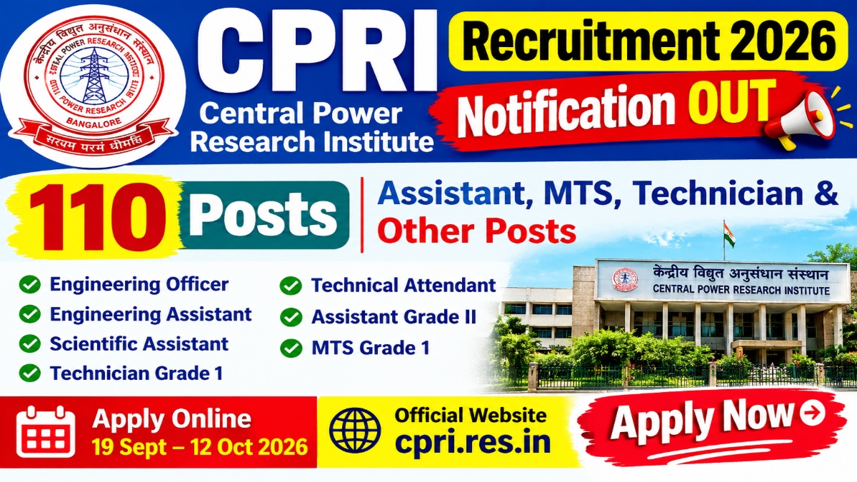CPRI Recruitment 2026 Notification OUT for 110 Assistant, MTS, Technician & Other Posts – Apply Online
