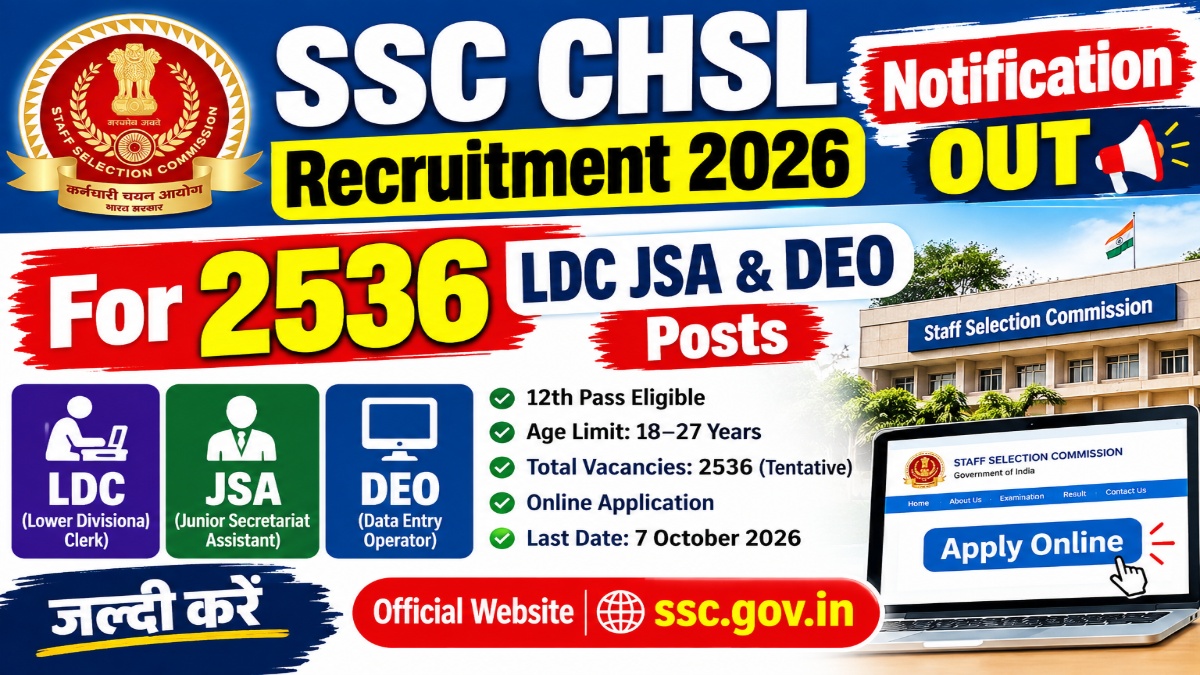SSC CHSL Recruitment 2026 Notification OUT For 2536 LDC JSA & DEO Posts – Apply Online